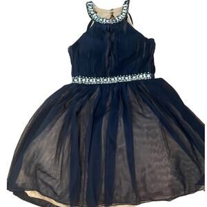 Jodi Kristopher Navy Tulle Jeweled Mini Dress Size 3